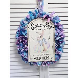 Hand Crafted Easter Bunny Egg Pastel Fabric Rag Wreath, Easter Egg Farms Sign